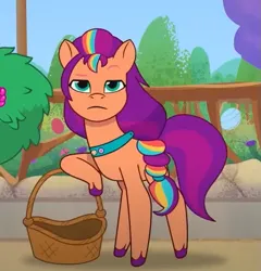 Size: 545x568 | Tagged: safe, derpibooru import, screencap, sunny starscout, earth pony, pony, g5, my little pony: tell your tale, basket, cropped, image, lost in translation (episode), png, solo, sunny starscout is not amused, unamused