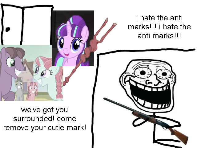 Size: 640x480 | Tagged: safe, derpibooru import, bacon braids, ivy vine, starlight glimmer, g4, the cutie map, currant dust, equal cutie mark, equalized, gun, i hate the anti-christ, image, meme, op is a duck, our town, png, schizophrenia, shotgun, sunny song, troll, trollface, weapon