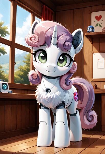 Size: 800x1169 | Tagged: safe, ai content, derpibooru import, machine learning generated, prompter:gregorymars, stable diffusion, sweetie belle, pony, robot, robot pony, unicorn, g4, :3, female, filly, foal, generator:pony diffusion v6 xl, gynoid, horn, image, indoors, jpeg, roboticization, solo, sweetie bot