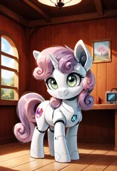 Size: 800x1169 | Tagged: safe, ai content, derpibooru import, machine learning generated, prompter:gregorymars, stable diffusion, sweetie belle, pony, robot, robot pony, unicorn, g4, female, filly, foal, generator:pony diffusion v6 xl, gynoid, horn, image, indoors, jpeg, roboticization, solo, sweetie bot