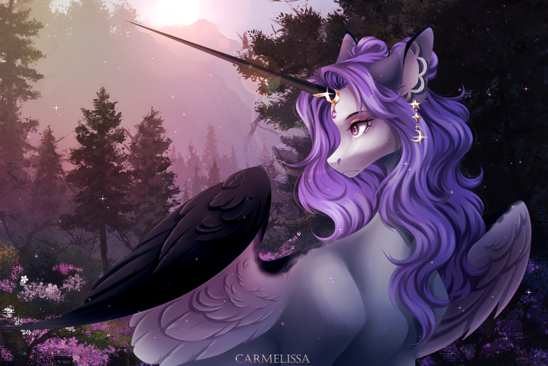 Size: 2038x1364 | Tagged: safe, artist:carmelissa, derpibooru import, oc, unofficial characters only, alicorn, pony, alicorn oc, ear piercing, earring, female, flower, forest, horn, horn jewelry, image, jewelry, mare, nature, piercing, png, scenery, solo, tree, wings