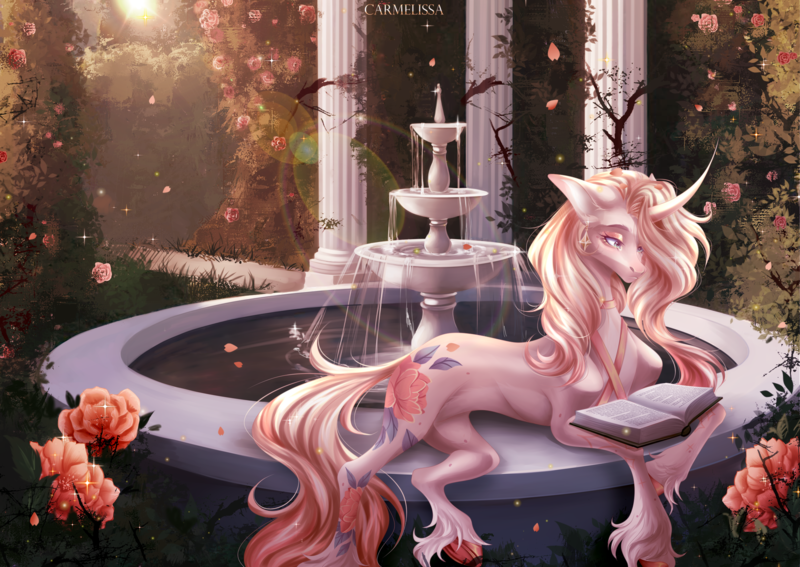 Size: 2386x1690 | Tagged: safe, artist:carmelissa, derpibooru import, oc, unofficial characters only, pony, unicorn, book, choker, coat markings, curved horn, ear piercing, earring, female, flower, fountain, hedge, horn, image, jewelry, lying down, mare, piercing, png, prone, reading, rose, solo, unshorn fetlocks