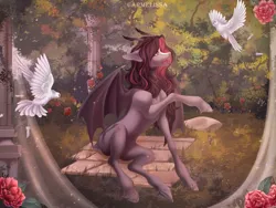 Size: 2024x1518 | Tagged: safe, artist:carmelissa, derpibooru import, oc, unofficial characters only, bat pony, bird, dove, pony, column, commission, female, flower, image, mare, png, sitting, solo, unshorn fetlocks, ych result