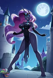 Size: 2496x3648 | Tagged: suggestive, ai content, derpibooru import, generator:civitai, machine learning generated, prompter:trux23, nightmare rarity, rarity, human, equestria girls, g4, black dress, bottomless, castle, clothes, crown, dress, evening gloves, feet, female, gloves, humanized, image, jewelry, jpeg, long gloves, looking at you, moon, night, no panties, outdoors, regalia, solo, solo female