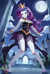 Size: 2496x3648 | Tagged: safe, ai content, derpibooru import, generator:civitai, machine learning generated, prompter:trux23, rarity, human, equestria girls, g4, black dress, castle, clothes, crown, dress, feet, female, image, jewelry, jpeg, looking at you, moon, night, outdoors, regalia, solo, solo female