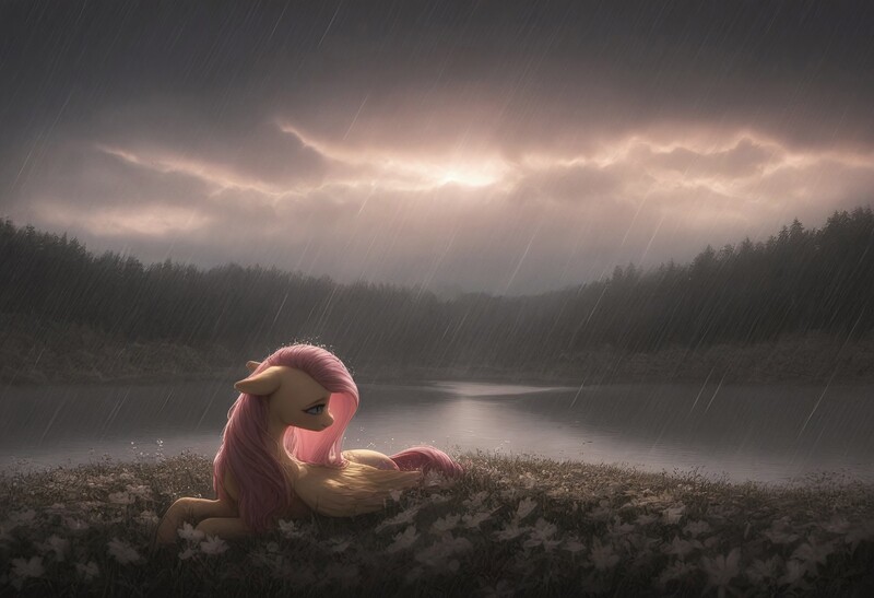 Size: 3648x2496 | Tagged: safe, ai content, derpibooru import, machine learning generated, prompter:thehyperinsectoid, fluttershy, pegasus, pony, g4, female, forest, image, jpeg, lake, lying down, meadow, nature, rain, scenery, solo, solo female, tree, water