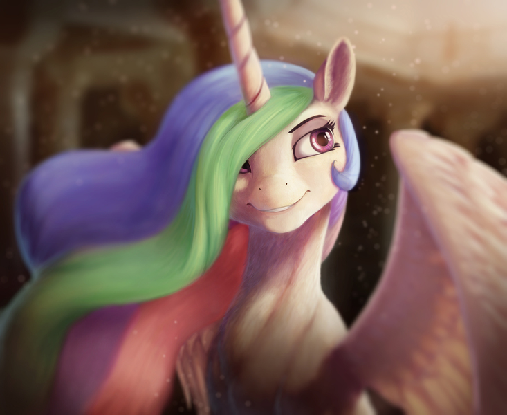 Size: 3159x2585 | Tagged: safe, alternate version, artist:starblaze25, derpibooru import, princess celestia, alicorn, pony, g4, aside glance, bust, cheek fluff, chest fluff, cute, cutelestia, dust motes, ear fluff, female, fluffy, grin, hair over one eye, high res, image, jpeg, lidded eyes, looking at you, looking back, mare, missing accessory, neck fluff, portrait, sideways glance, sitting, smiling, solo, sparkles, spread wings, wing fluff, wings