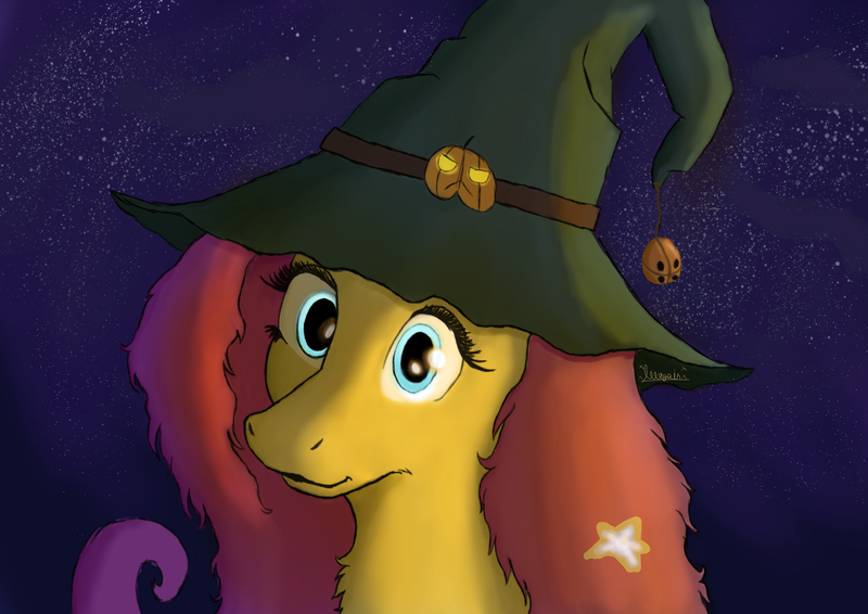 Size: 3508x2480 | Tagged: safe, derpibooru import, fluttershy, hat, image, looking at you, night, png, smiling, witch hat