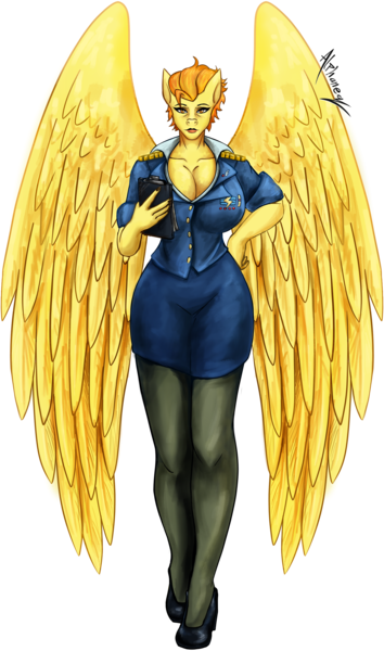 Size: 1704x2890 | Tagged: suggestive, artist:alphaess-n-flick, derpibooru import, spitfire, anthro, pegasus, plantigrade anthro, breasts, busty spitfire, cleavage, clothes, commission, female, hand on hip, high heels, image, pantyhose, png, shoes, signature, simple background, skirt, solo, solo female, transparent background, uniform, wonderbolts dress uniform