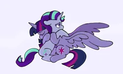 Size: 546x330 | Tagged: safe, artist:driftwoodpony, derpibooru import, starlight glimmer, twilight sparkle, twilight sparkle (alicorn), alicorn, pony, unicorn, g4, duo, duo female, eyes closed, female, floppy ears, horn, hug, image, mare, png, purple background, simple background, spread wings, wings