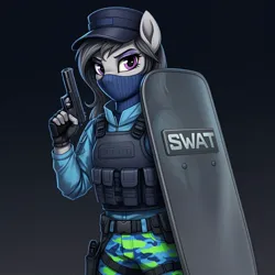 Size: 1024x1024 | Tagged: safe, ai content, derpibooru import, generator:google imagen 3.0, machine learning generated, prompter:zerowinger, octavia melody, anthro, earth pony, clothes, cosplay, costume, fatigues, female, g.i. joe, gradient background, gun, handgun, hat, image, jpeg, military uniform, pistol, shield, shockblast, ski mask, solo, swat, uniform, weapon