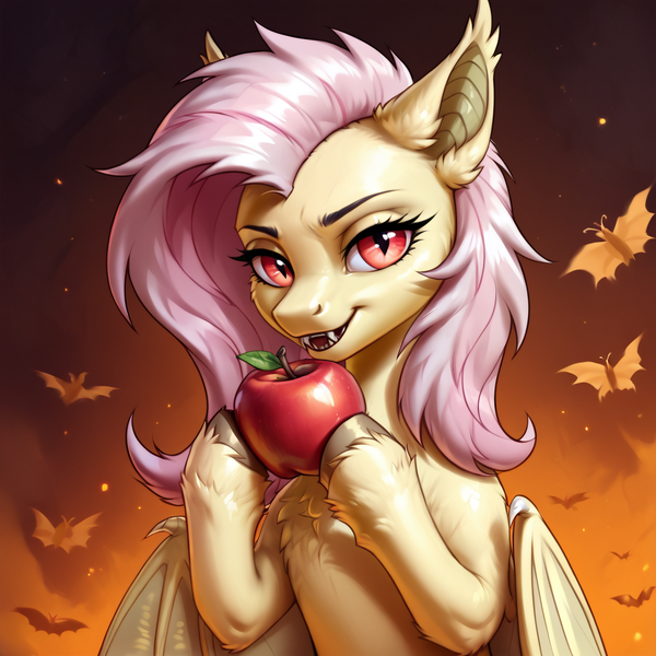 Size: 2400x2400 | Tagged: safe, ai content, derpibooru import, machine learning generated, prompter:infernum, stable diffusion, fluttershy, bat pony, pony, g4, apple, bat ponified, fangs, female, flutterbat, food, generator:pony diffusion v6 xl, holding, hooves, image, looking at you, mare, night, open mouth, png, race swap, smiling, smiling at you, solo, solo female, wings