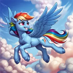 Size: 2400x2400 | Tagged: safe, ai content, derpibooru import, machine learning generated, prompter:infernum, stable diffusion, rainbow dash, pegasus, pony, g4, cloud, day, female, flying, generator:pony diffusion v6 xl, hooves, image, looking sideways, mare, png, sky, solo, solo female, wings