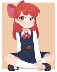 Size: 2048x2560 | Tagged: safe, ai content, derpibooru import, machine learning assisted, machine learning generated, apple bloom, human, belt, belt buckle, blue dress, blushing, bow, bowtie, clothes, collared shirt, crossed legs, hair bow, humanized, image, kneesocks, long sleeves, looking at you, mary janes, necktie, orange background, passepartout, pinafore, png, red bow, shirt, shoes, simple background, sitting, smug, smug smile, socks, solo, white shirt, white socks