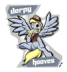 Size: 3850x4091 | Tagged: safe, artist:ricy, ponerpics import, derpy hooves, pegasus, pony, badge, clothes, commission, con badge, cutie mark, female, image, looking at you, mailbag, mare, png, simple background, solo, spread wings, uniform, wings