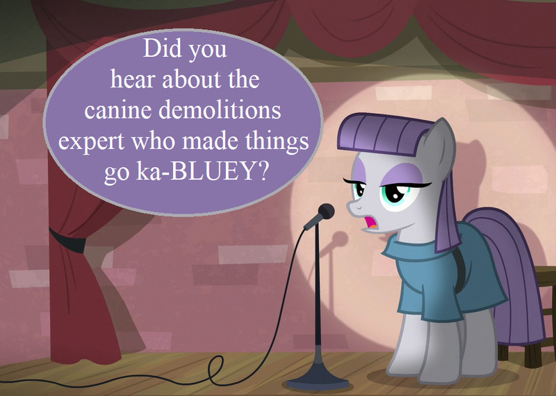 Size: 938x670 | Tagged: safe, derpibooru import, edit, edited screencap, editor:korora, screencap, maud pie, g4, the maud couple, bar stool, bluey, cropped, image, maud the comedian, microphone, png, pun, speech bubble