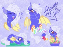 Size: 2048x1536 | Tagged: safe, artist:missbramblemele, derpibooru import, oc, oc:alouette luxe, unofficial characters only, bat pony, pony, bat pony oc, bat wings, belly, belly button, chest fluff, clothes, fangs, female, image, jpeg, mare, music notes, rainbow socks, socks, solo, striped socks, wings