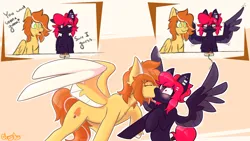 Size: 2560x1440 | Tagged: safe, artist:spoopy-abby, derpibooru import, oc, oc:dreamsicle, oc:wake-up call, unofficial characters only, pegasus, blushing, comic, image, kissing, png, spread wings, wingboner, wings