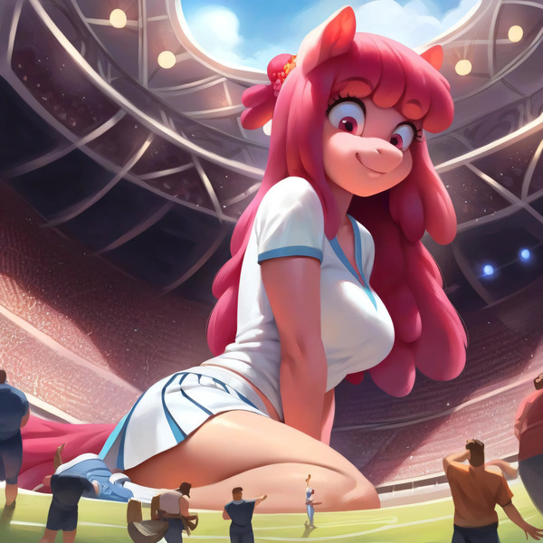 Size: 4096x4096 | Tagged: suggestive, ai content, derpibooru import, machine learning generated, stable diffusion, berry punch, berryshine, anthro, g4, big breasts, breasts, busty berry punch, cheerleader, cheerleader outfit, clothes, crowd, female, generator:purplesmart.ai, giantess, image, jpeg, kneeling, looking down, macro, prompter:argusx, size difference, smiling, stadium