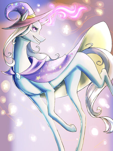 Size: 1024x1366 | Tagged: safe, artist:starshine74, derpibooru import, trixie, pony, unicorn, cape, clothes, female, glow, glowing horn, hat, horn, image, jpeg, mare, smiling, solo, trixie's cape, trixie's hat