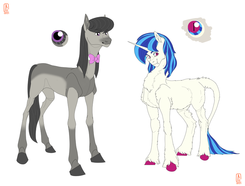 Size: 3380x2560 | Tagged: safe, artist:anelaponela, derpibooru import, octavia melody, vinyl scratch, earth pony, fluffy pony, undead, unicorn, vampire, vampony, female, horn, image, png, redesign, simple background, tail, travelersverse, white background