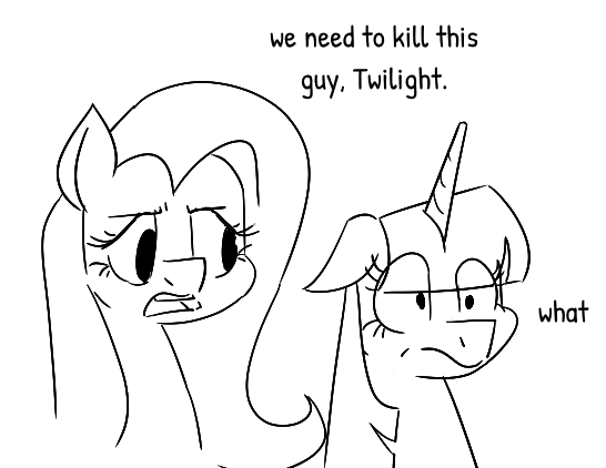 Size: 546x422 | Tagged: safe, artist:the---robbie72, derpibooru import, fluttershy, twilight sparkle, pegasus, pony, unicorn, g4, black and white, duo, duo female, eye clipping through hair, female, grayscale, horn, i think we're gonna have to kill this guy, image, mare, meme, monochrome, png, simple background, white background