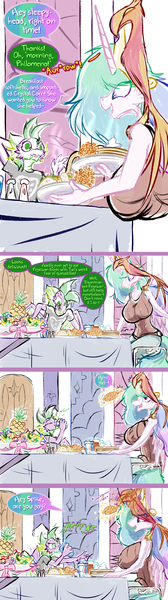 Size: 1024x3659 | Tagged: questionable, artist:frist44, derpibooru import, princess celestia, spike, alicorn, dragon, phoenix, comic:my summer with celestia, big breasts, blushing, breakfast, breasts, comic, corn, drink, drinking, food, fruit, glass, image, magic, my little pony, older, pancakes, pecking, philomena (mlp), png, spike (mlp), spit-take, syrup, taco, water