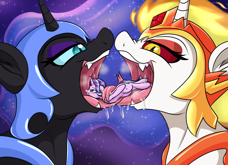 Size: 1800x1300 | Tagged: suggestive, artist:novaspark, derpibooru import, daybreaker, nightmare moon, starlight glimmer, pony, unicorn, blushing, drool, drool string, fangs, horn, image, long tongue, macro, macro/micro, mawshot, micro, open mouth, oral vore, png, tongue out, vore, vore snowballing