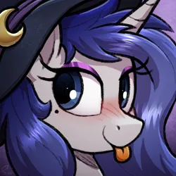 Size: 1920x1920 | Tagged: safe, artist:selenophile, derpibooru import, oc, oc:moonlit silver, unofficial characters only, pony, unicorn, :p, blue eyes, blushing, eyeshadow, female, gray coat, happy, hat, horn, image, makeup, mole, png, solo, tongue out, unicorn oc, witch, witch hat