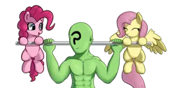 Size: 1450x732 | Tagged: safe, artist:neuro, derpibooru import, fluttershy, pinkie pie, oc, oc:anon, image, png, simple background, transparent background, weight lifting, weights