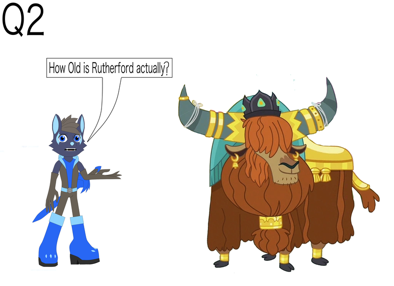 Size: 4495x3266 | Tagged: safe, derpibooru import, screencap, prince rutherford, oc, wolf, yak, 2, advice needed, age, ask, blue, boots, brown, clothes, gloves, gold, hair, help needed, horns, image, jpeg, light blue, long gloves, q2, question, rutherford, shoes, solo, sonic oc, sword, time, weapon