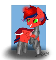 Size: 1908x2044 | Tagged: safe, artist:itwasscatters, derpibooru import, oc, oc:lightning t bolt, unofficial characters only, alicorn, umbrum, fanfic:seed of the king, fanfic:why me...?, armor, curved horn, fangs, horn, image, png, profile picture, sombra eyes