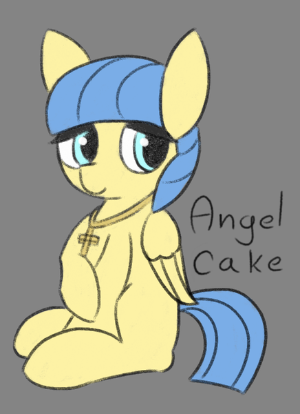 Size: 650x894 | Tagged: safe, artist:castafae, derpibooru import, oc, oc:angel cake, unofficial characters only, pegasus, pony, bootleg, bootleg waifu, cross, cross necklace, female, filly, foal, gray background, image, jewelry, necklace, png, raised hoof, simple background, sitting, solo