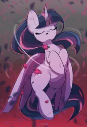 Size: 1412x2048 | Tagged: safe, artist:miryelis, derpibooru import, twilight sparkle, twilight sparkle (alicorn), alicorn, pony, eyes closed, female, flower, hanahaki disease, image, jpeg, mare, solo