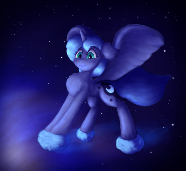 Size: 2400x2200 | Tagged: safe, artist:gosha305, derpibooru import, princess luna, alicorn, pony, g4, chest fluff, cute, ear fluff, fangs, female, fluffy, full body, horn, image, mare, meteor, night, night sky, png, sky, sky background, solo, space, spread wings, stars, tangible heavenly object, wings, young luna, younger