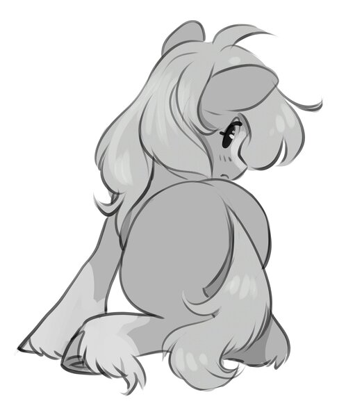 Size: 3402x4096 | Tagged: safe, artist:opalacorn, derpibooru import, ponified, ponified:sgt. reckless, earth pony, pony, blaze (coat marking), butt, coat markings, facial markings, female, grayscale, image, jpeg, looking at you, looking back, looking back at you, mare, monochrome, plot, simple background, solo, unshorn fetlocks, white background