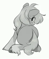 Size: 3402x4096 | Tagged: safe, artist:opalacorn, derpibooru import, ponified, ponified:sgt. reckless, earth pony, pony, blaze (coat marking), butt, coat markings, facial markings, female, grayscale, image, jpeg, looking at you, looking back, looking back at you, mare, monochrome, plot, simple background, solo, unshorn fetlocks, white background