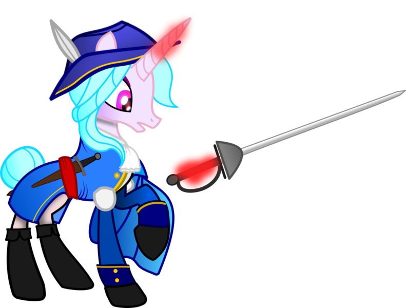 Size: 1036x786 | Tagged: safe, artist:raiden, derpibooru import, oc, pony, unicorn, clothes, dagger, female, hat, horn, image, mare, musketeer, png, rapier, simple background, solo, sword, transparent background, weapon