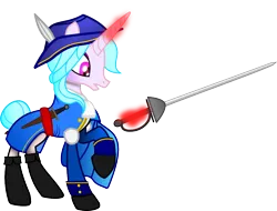 Size: 1036x786 | Tagged: safe, artist:raiden, derpibooru import, oc, pony, unicorn, clothes, dagger, female, hat, horn, image, mare, musketeer, png, rapier, simple background, solo, sword, transparent background, weapon