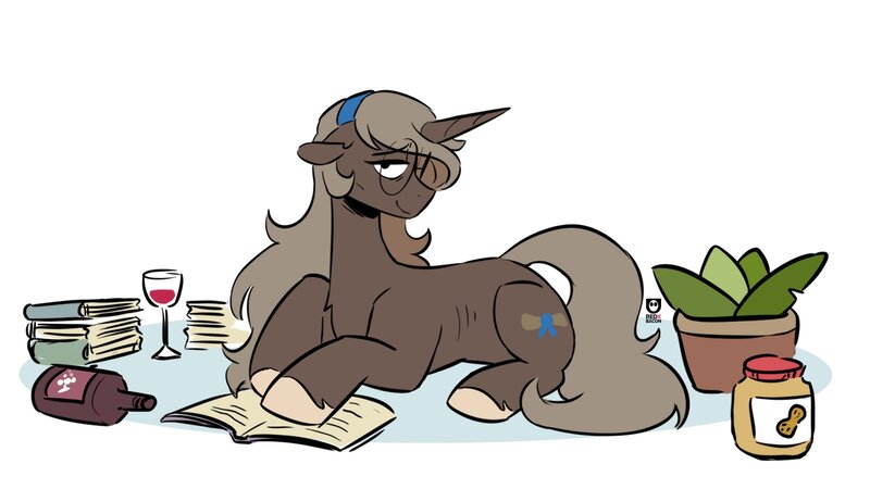 Size: 1600x900 | Tagged: safe, artist:redxbacon, derpibooru import, oc, oc:parch well, pony, unicorn, alcohol, book, food, glasses, hairband, horn, image, jpeg, looking at you, peanut butter, plant, ponytober, ponytober 2024, simple background, solo, white background, wine