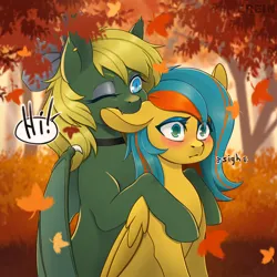 Size: 2000x2000 | Tagged: safe, artist:erein, derpibooru import, oc, oc:midnight lightning, oc:ocean breeze, unofficial characters only, bat pony, pegasus, pony, autumn, bat pony oc, bat wings, biting, blushing, bow, choker, commission, duo, ear bite, ear piercing, earring, ears up, eyeshadow, female, forest, hair bow, high res, image, jewelry, jpeg, leaves, makeup, mare, nature, oc x oc, outdoors, park, pegasus oc, piercing, shipping, smiling, speech bubble, text, tree, wings, ych result