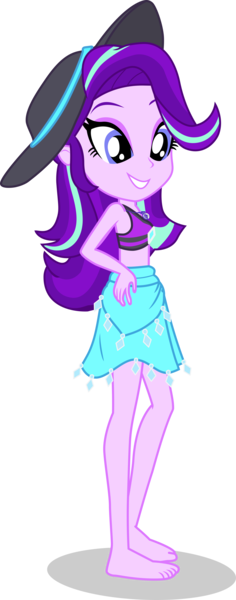 Size: 1682x4268 | Tagged: safe, alternate version, artist:dustinwatsongkx, derpibooru import, starlight glimmer, human, equestria girls, g4, bare shoulders, barefoot, clothes, clothes swap, feet, female, geode of shielding, hat, image, magical geodes, png, rarity's blue sarong, rarity's purple bikini, sarong, simple background, sleeveless, solo, sports bra, sun hat, swimsuit, swimsuit swap, transparent background