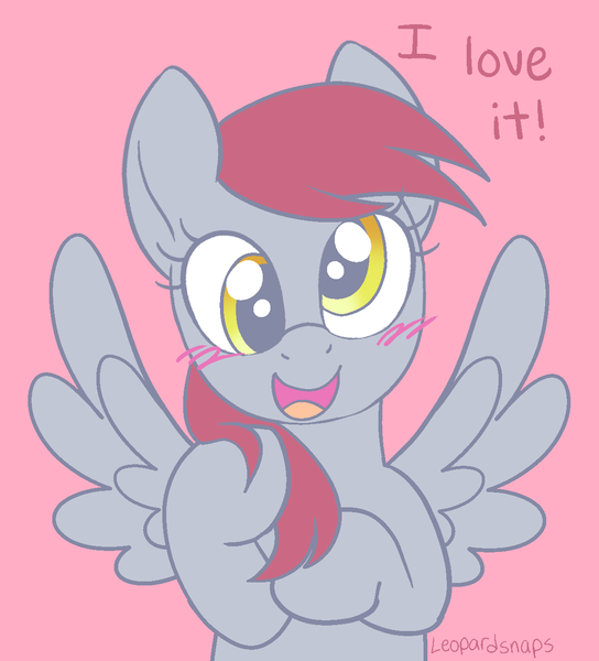 Size: 1181x1303 | Tagged: safe, artist:leopardsnaps, derpibooru import, derpy hooves, pegasus, pony, g4, alternate mane color, blushing, cross-eyed, dialogue, hair dye, image, looking at you, open mouth, playing with hair, png, red background, red mane, simple background, smiling, smiling at you, solo, spread wings, talking to viewer, wings