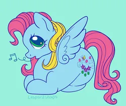 Size: 1900x1600 | Tagged: safe, artist:leopardsnaps, derpibooru import, thistle whistle, pegasus, g3, g4, curly mane, cute, g3 to g4, generation leap, green background, image, lying down, png, ponyloaf, prone, simple background, solo, spread wings, thistlebetes, two toned mane, whistling, wings