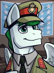 Size: 1040x1400 | Tagged: safe, artist:bunnyshrubby, derpibooru import, oc, oc:mintfeather, unofficial characters only, pegasus, pony, equestria at war mod, bust, cap, clothes, flag, flag of equestria, hat, image, male, military uniform, png, portrait, solo, stallion, uniform, wings