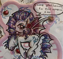 Size: 2152x2019 | Tagged: safe, artist:grim_the_end, derpibooru import, rarity, bat pony, pony, bat ponified, female, image, jpeg, mare, open mouth, open smile, race swap, raribat, smiling, solo, talking, traditional art