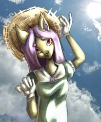 Size: 1061x1280 | Tagged: safe, artist:grim_the_end, derpibooru import, fluttershy, anthro, bat pony, bat ponified, blue sky, day, flutterbat, image, jpeg, pink hair, race swap, solo