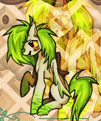 Size: 812x965 | Tagged: safe, artist:grim_the_end, derpibooru import, oc, unofficial characters only, pegasus, pony, abstract background, colored sclera, green mane, green tail, image, jpeg, open mouth, pegasus oc, raised hoof, sitting, solo, tail, wings, yellow sclera