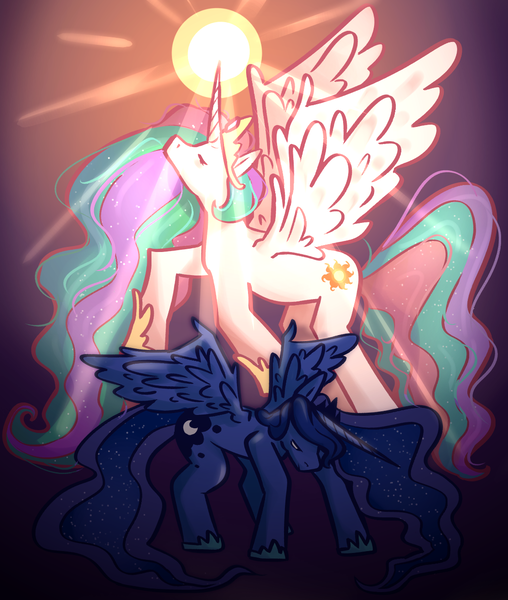 Size: 1100x1300 | Tagged: safe, artist:normalclownposse, derpibooru import, princess celestia, princess luna, alicorn, pony, duo, eyes closed, female, image, mare, png, royal sisters, sad, siblings, sisters, sun