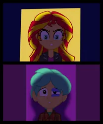 Size: 3188x3826 | Tagged: safe, artist:vibrissa, derpibooru import, snails, sunset shimmer, human, equestria girls, g4, abuse, bruised, duo, duo male and female, female, image, male, png